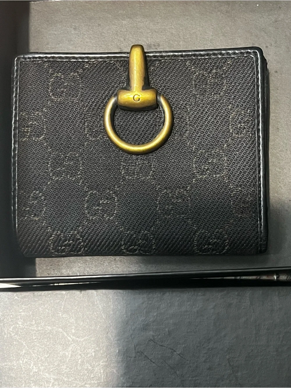 Gucci Black GG Canvas Compact Wallet with Brass Horsebit Ring